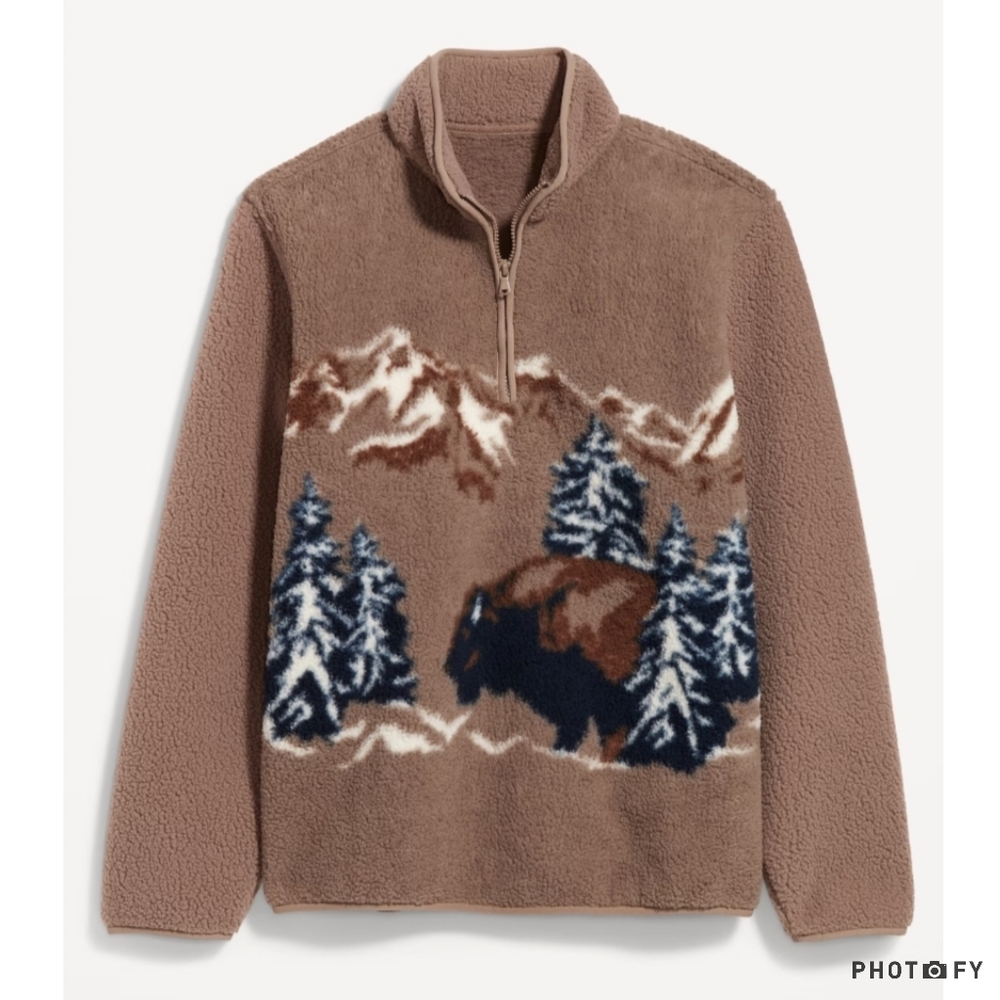 ● LARGE ● NWT Men's Old Navy Bison Buffalo Sherpa Fleece Quarter Zip Sweater
